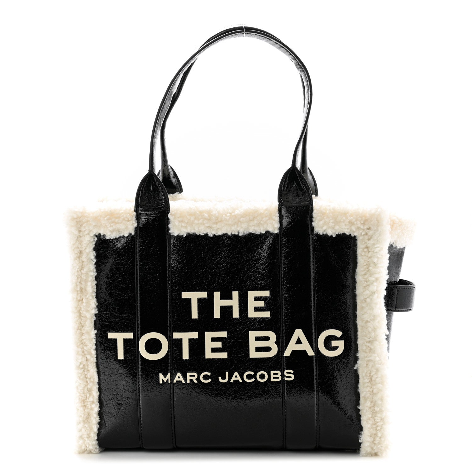 Marc Jacobs Shiny Calfskin Faux Shearling Large The Traveler Tote Bag Black 1 of 11