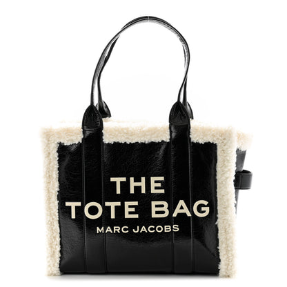 Marc Jacobs Shiny Calfskin Faux Shearling Large The Traveler Tote Bag Black 1 of 11