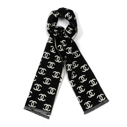 Chanel Wool Cashmere CC Scarf Black White 1 of 3