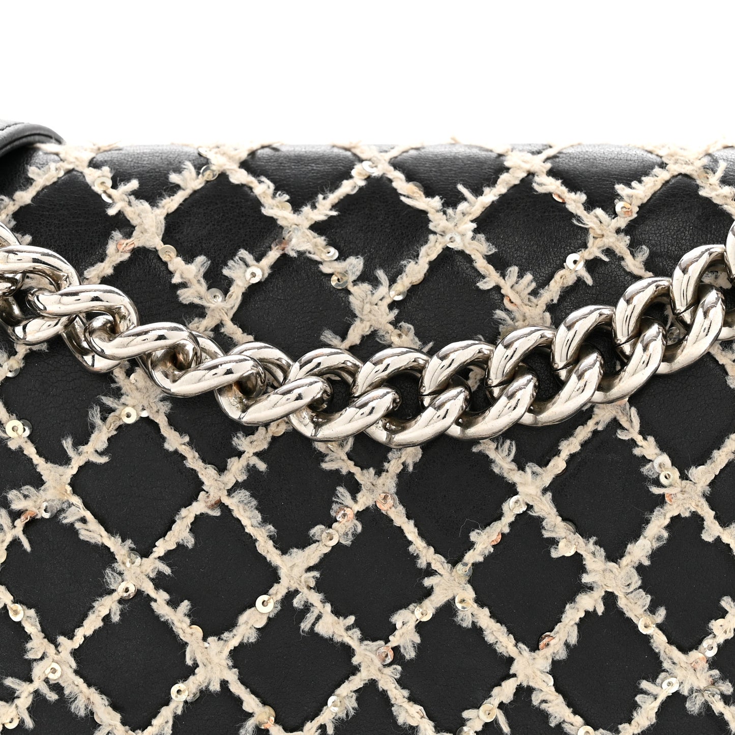 Calfskin Tweed Sequin Stitched Medium Boy Flap Black White