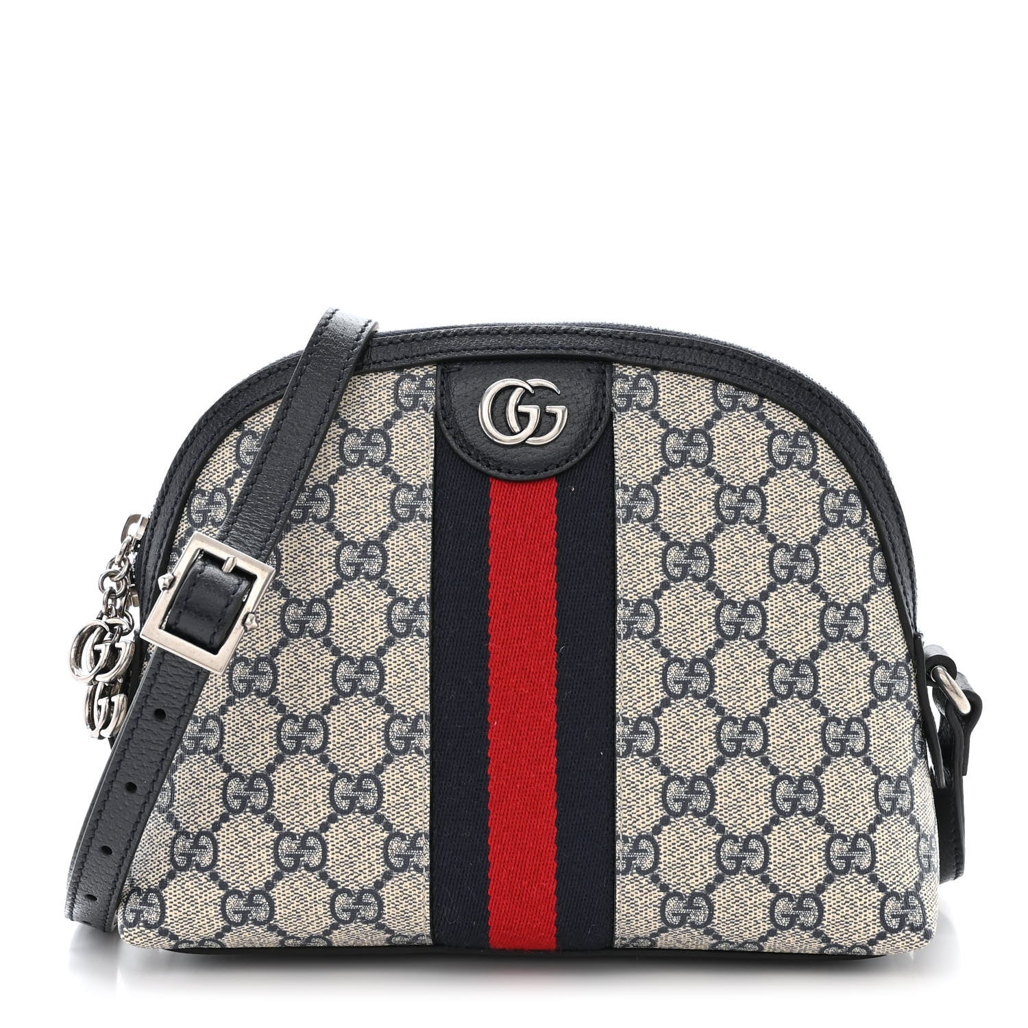 Gucci GG Supreme Monogram Textured Dollar Calfskin Web Small Ophidia Dome Shoulder Bag Beige Blue 1 of 10