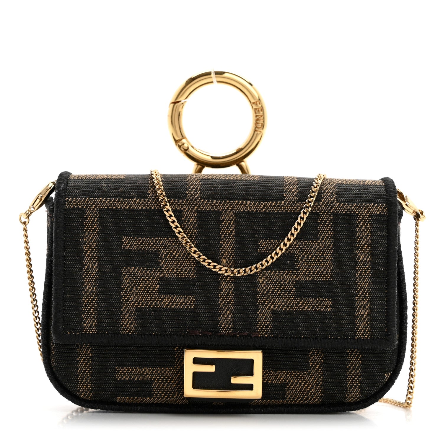 Fendi Fabric Jacquard FF 1974 Nano Baguette Charm Tobacco Moro Black 1 of 13