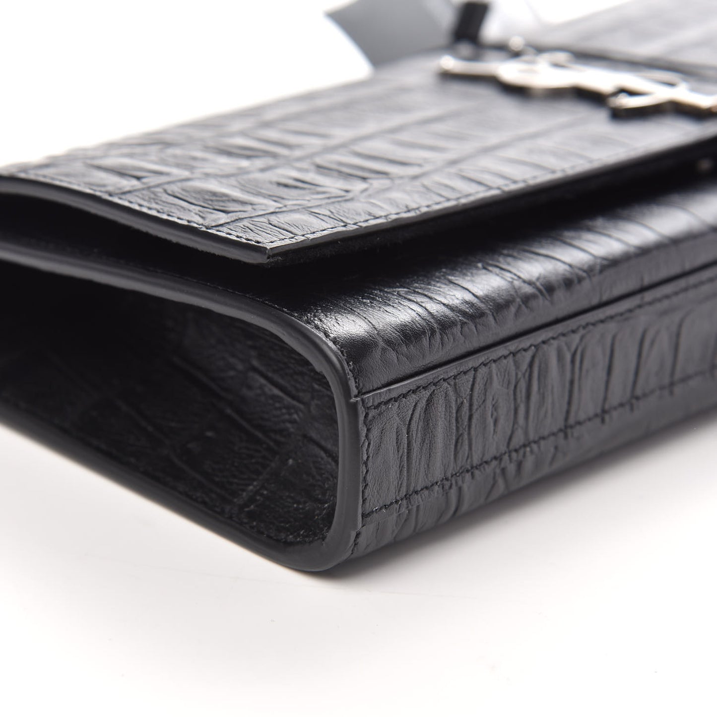 Calfskin Crocodile Embossed Classic Monogram Tassel Clutch Black