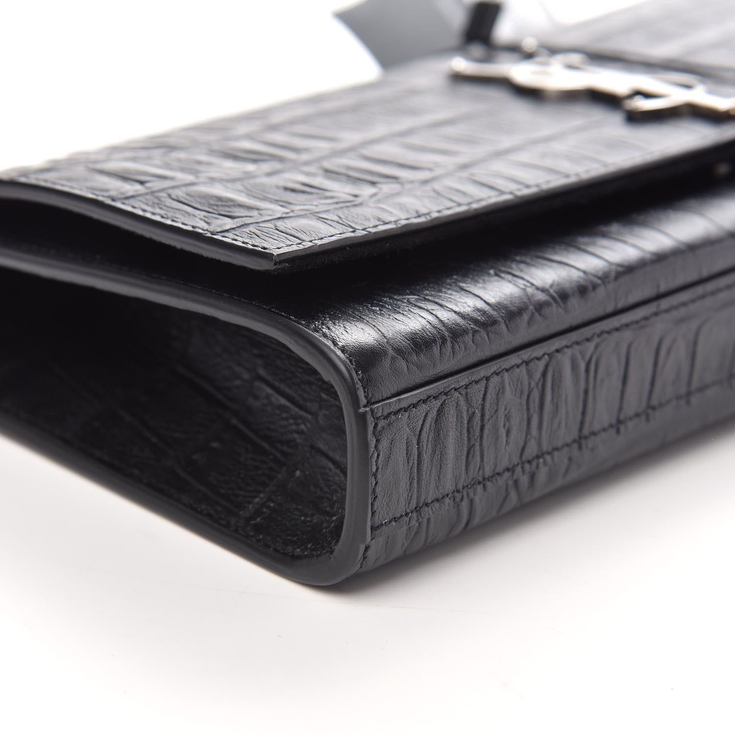Saint Laurent Calfskin Crocodile Embossed Classic Monogram Tassel Clutch Black 7 of 11