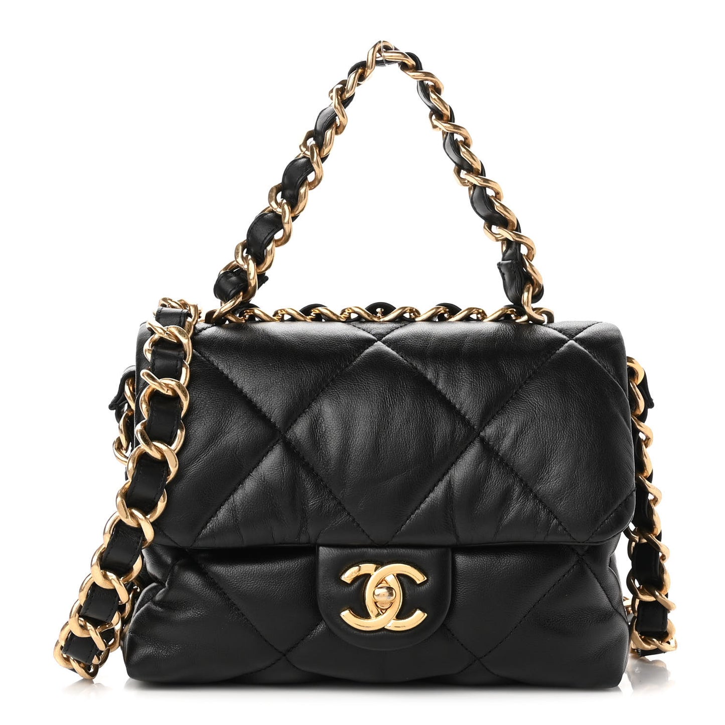 Lambskin Quilted Small Chain Top Handle Flap Black