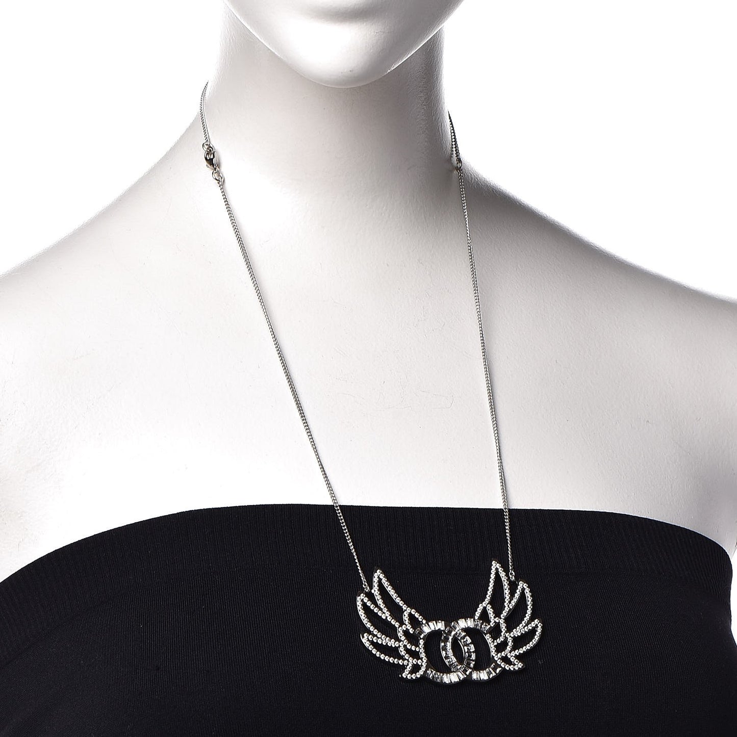 Baguette Crystal Winged CC Necklace Silver