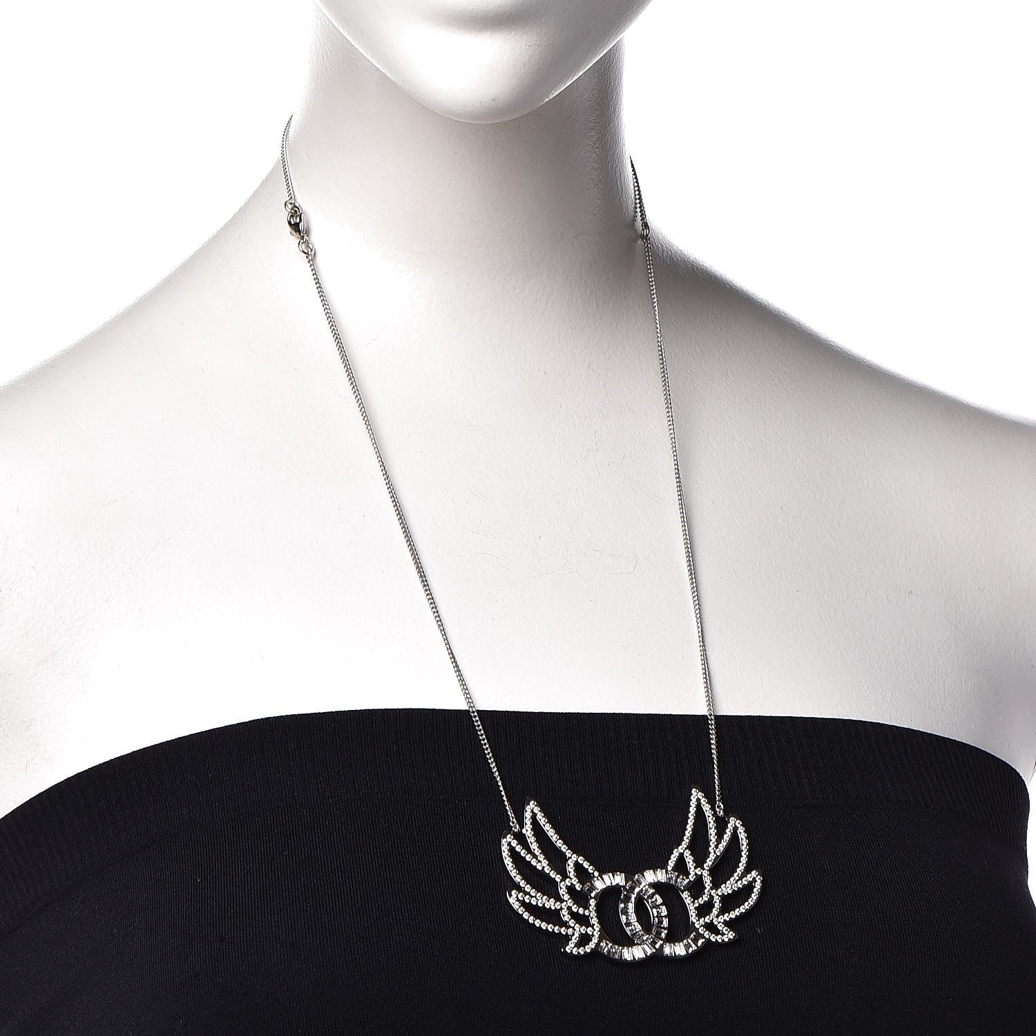 Chanel Baguette Crystal Winged CC Necklace Silver 2 of 6