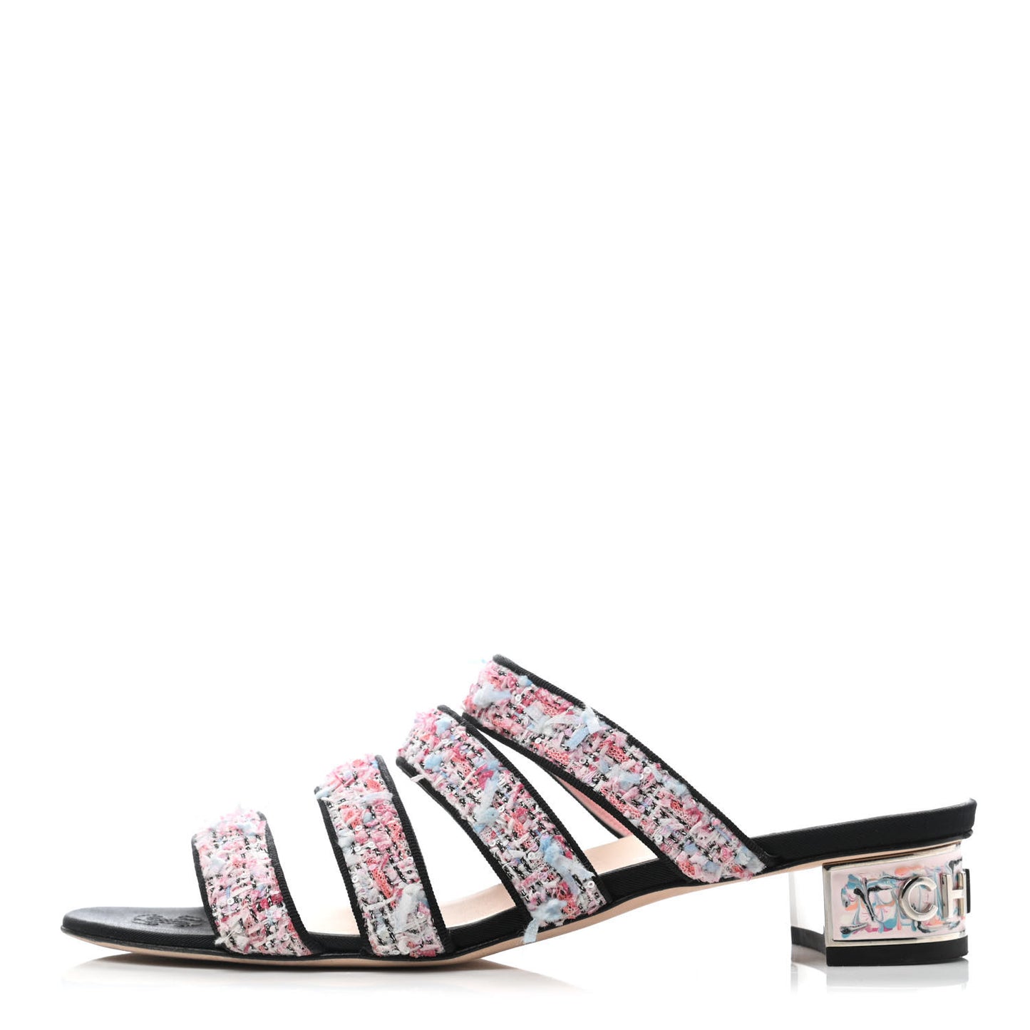 Tweed Grosgrain Sandals 39.5 Black Blue Pink