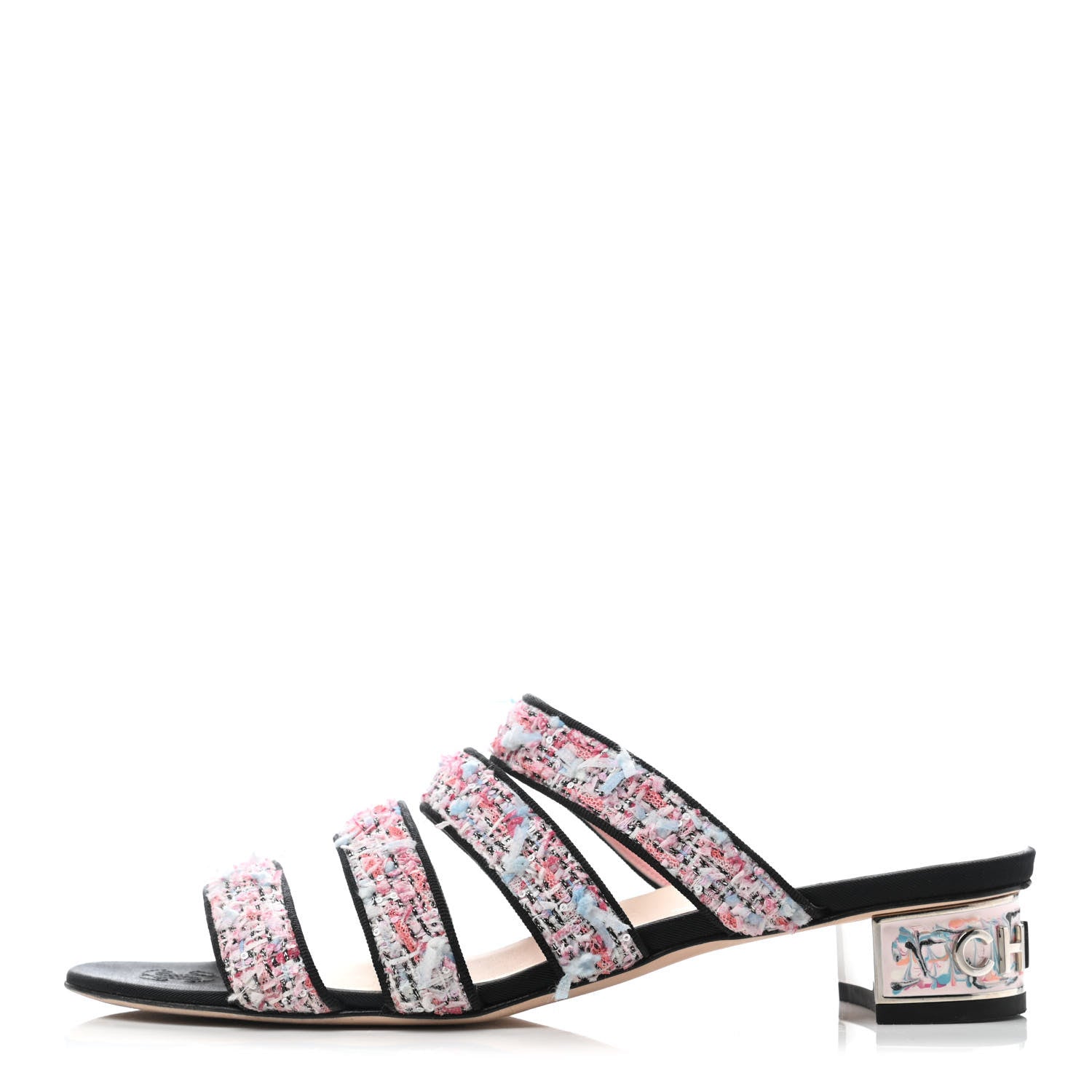 Chanel Tweed Grosgrain Sandals 39.5 Black Blue Pink 1 of 6