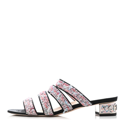 Chanel Tweed Grosgrain Sandals 39.5 Black Blue Pink 1 of 6