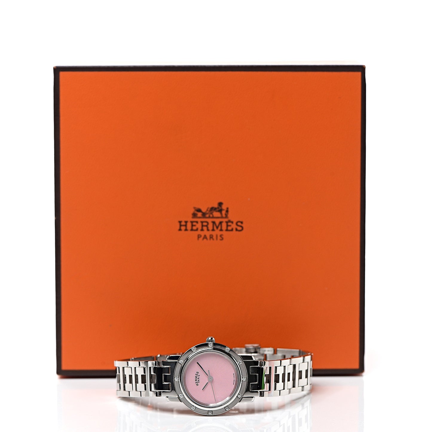 Stainless Steel Diamond 23mm Clipper Quartz Watch Pink Guilloche
