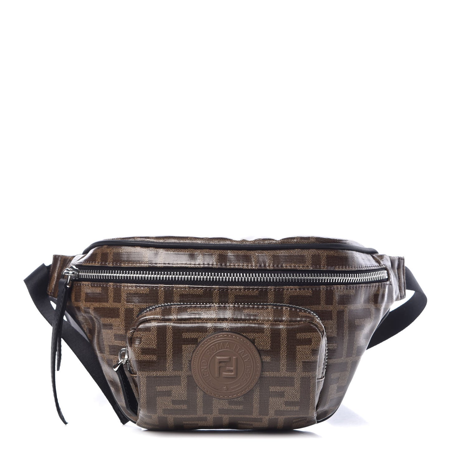Glazed Fabric Vitello Century FF 1974 Stamp Patch Mens Pocket Belt Bag Mogano Panna Black