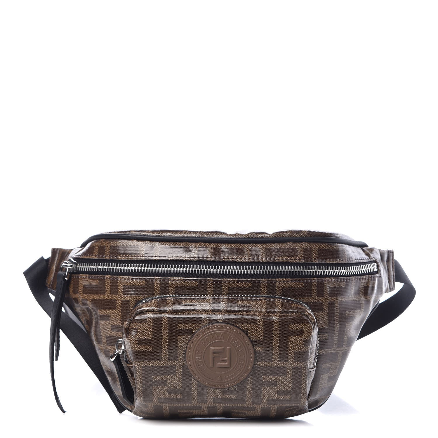 Fendi Glazed Fabric Vitello Century FF 1974 Stamp Patch Mens Pocket Belt Bag Mogano Panna Black 1 of 7