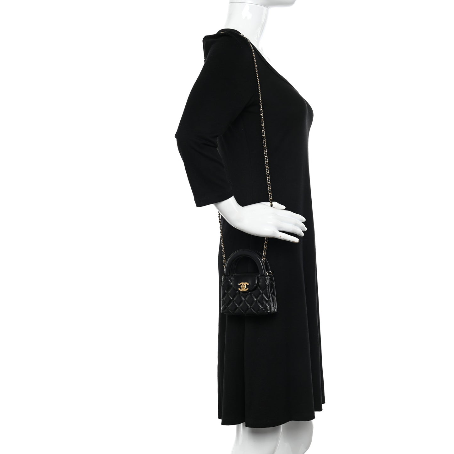 Shiny Aged Calfskin Quilted Mini Nano Kelly Shopper Black