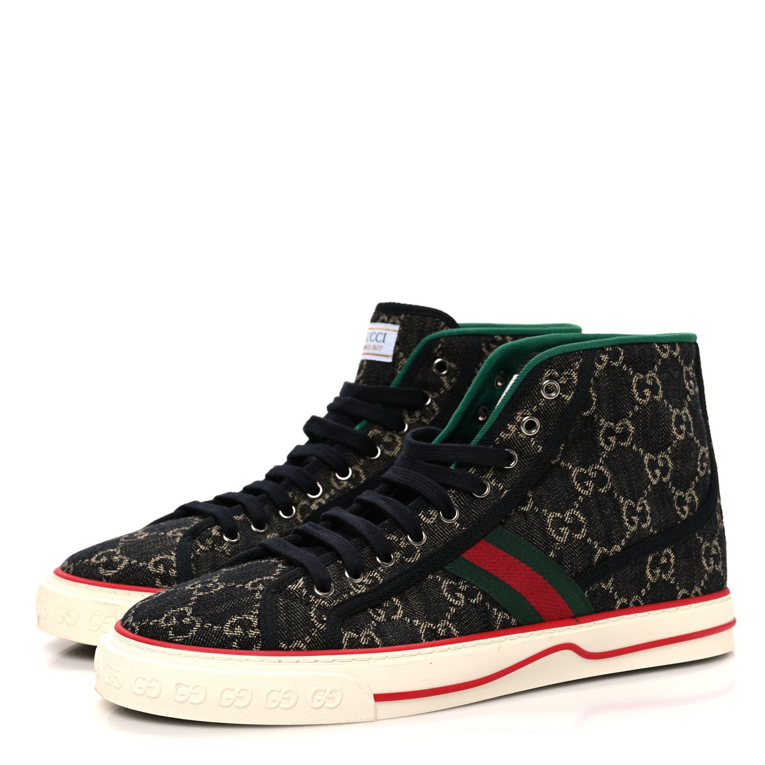 Gucci New Denim GG Monogram Web Mens 1977 Tennis High Top Sneakers 10 Black Ivory 4 of 10