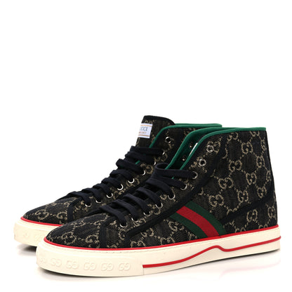 Gucci New Denim GG Monogram Web Mens 1977 Tennis High Top Sneakers 10 Black Ivory 4 of 10