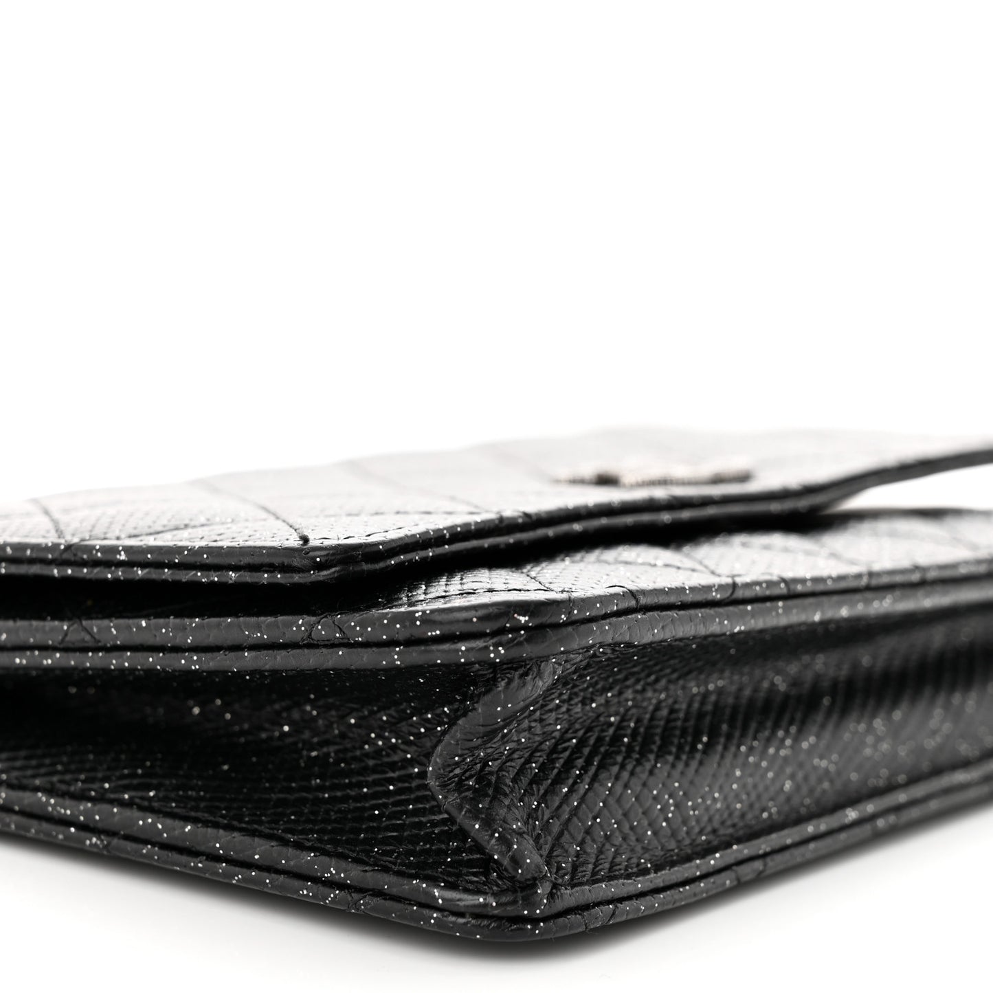 Glitter Calfskin Quilted Wallet on Chain WOC Black Silver