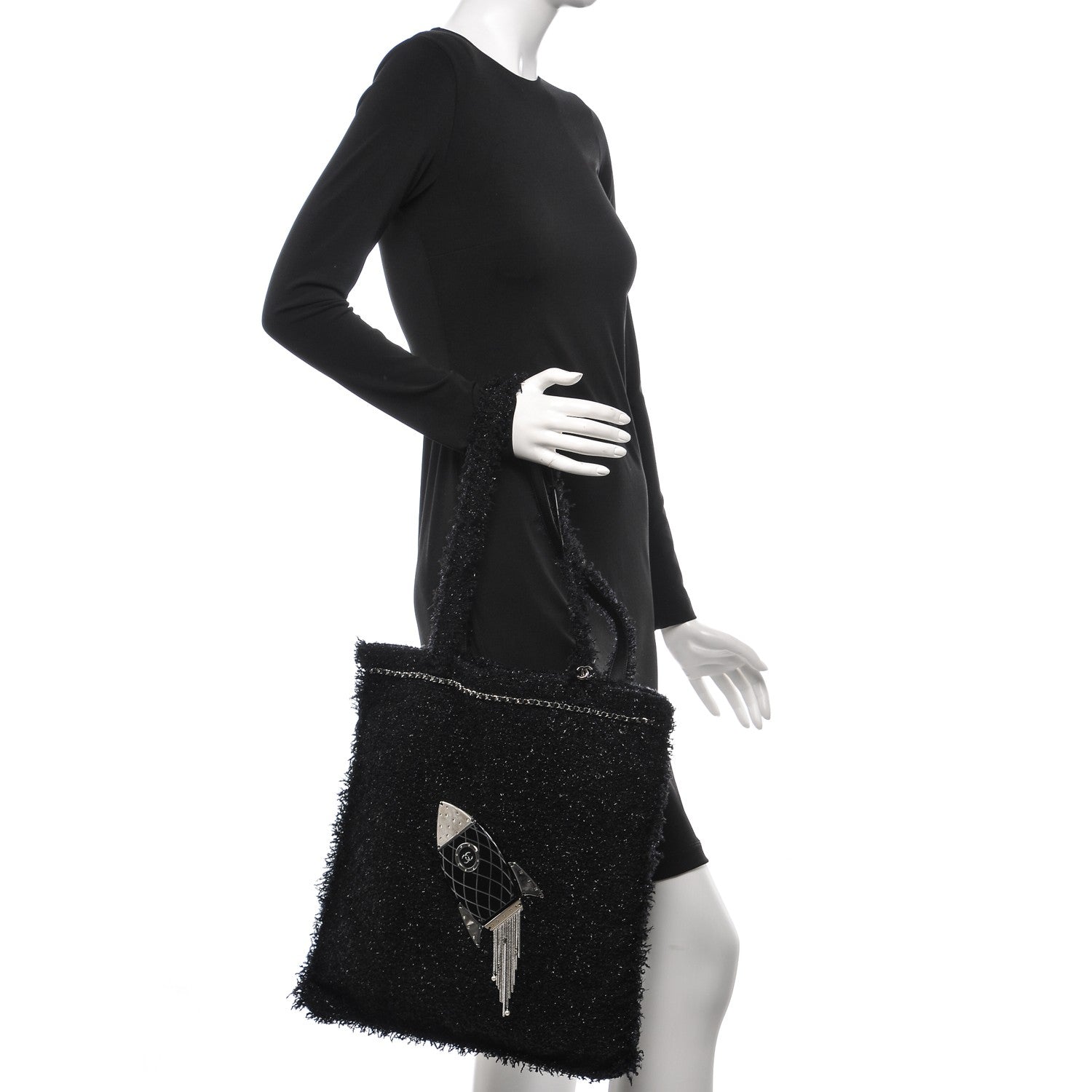 Chanel Tweed Resin Strass Shopping In Fabrics Tote Black 2 of 7