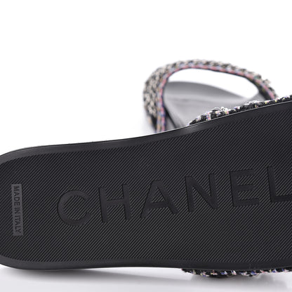 Chanel Tweed Lambskin Chain Flat Sandals 38 Black Multicolor 8 of 10