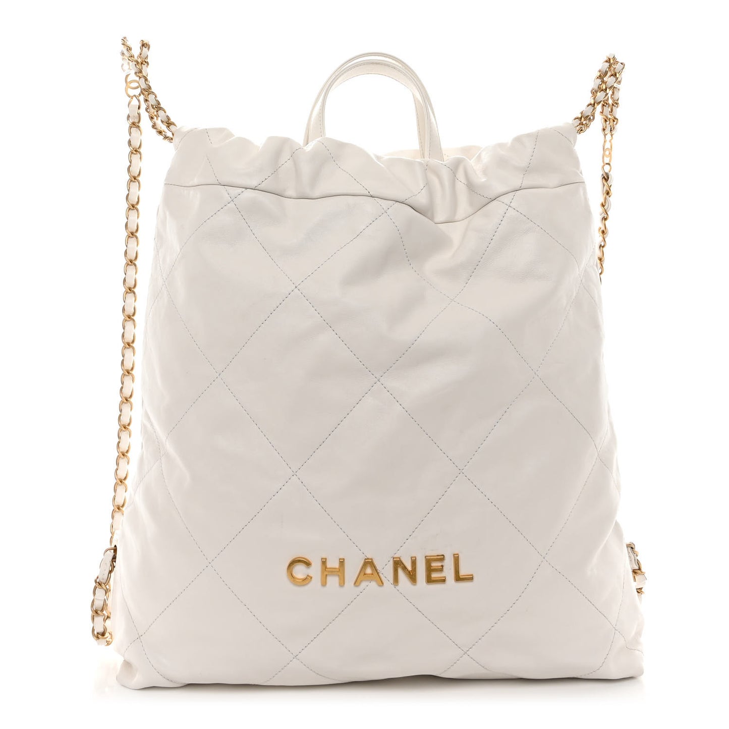 Shiny Calfskin Quilted Chanel 22 Backpack White