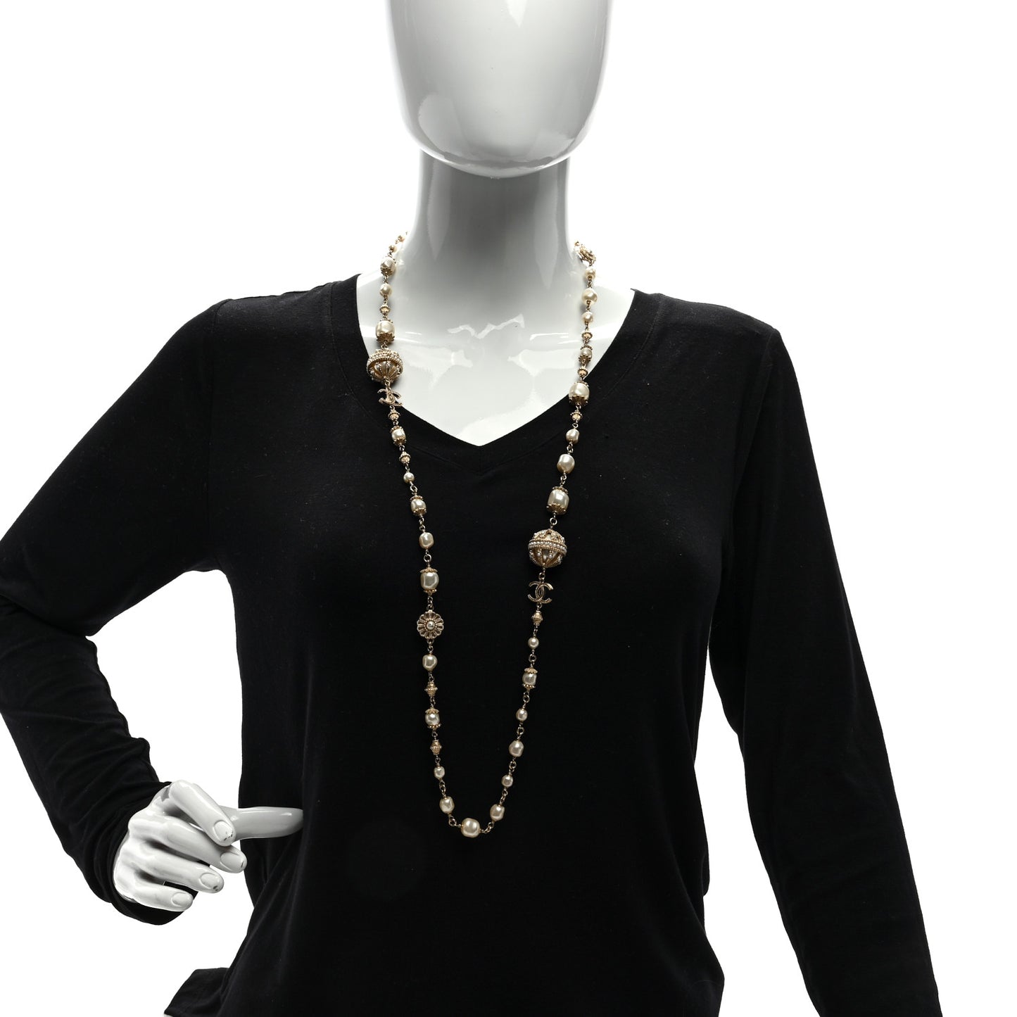 Pearl Crystal Flower CC Long Necklace Golden Pearly White