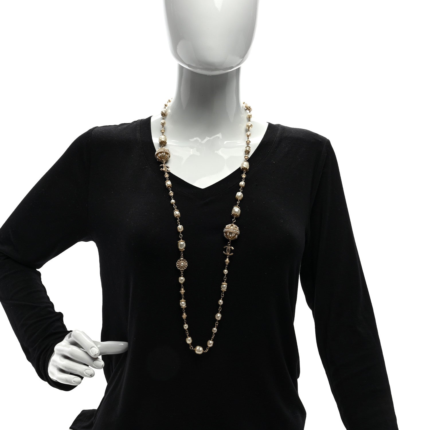 Chanel Pearl Crystal Flower CC Long Necklace Golden Pearly White 1 of 4