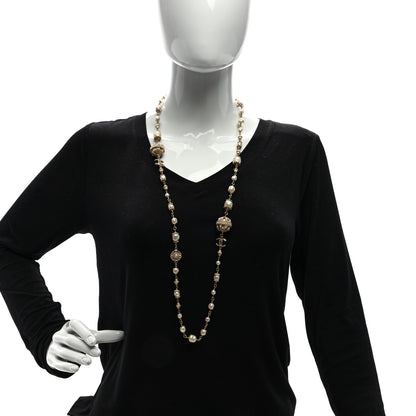 Chanel Pearl Crystal Flower CC Long Necklace Golden Pearly White 1 of 4