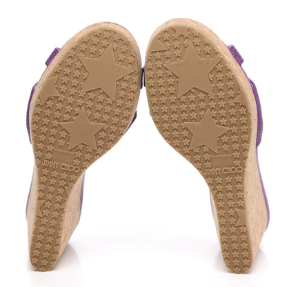 Jimmy Choo Matt Triangle Print Calfskin Embossed Cork Pandora Wedges 38 Purple 5 of 9