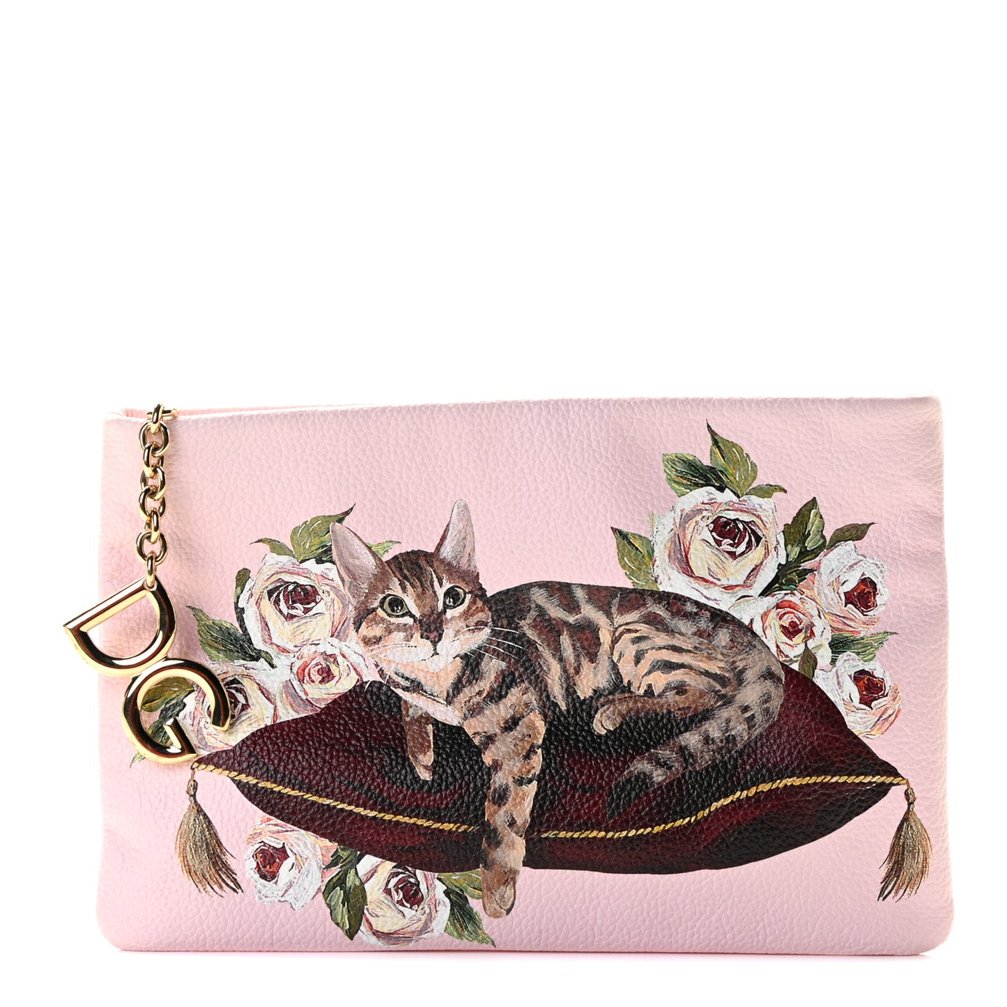 Calfskin Cleo Cat Print Clutch Pink Multicolor