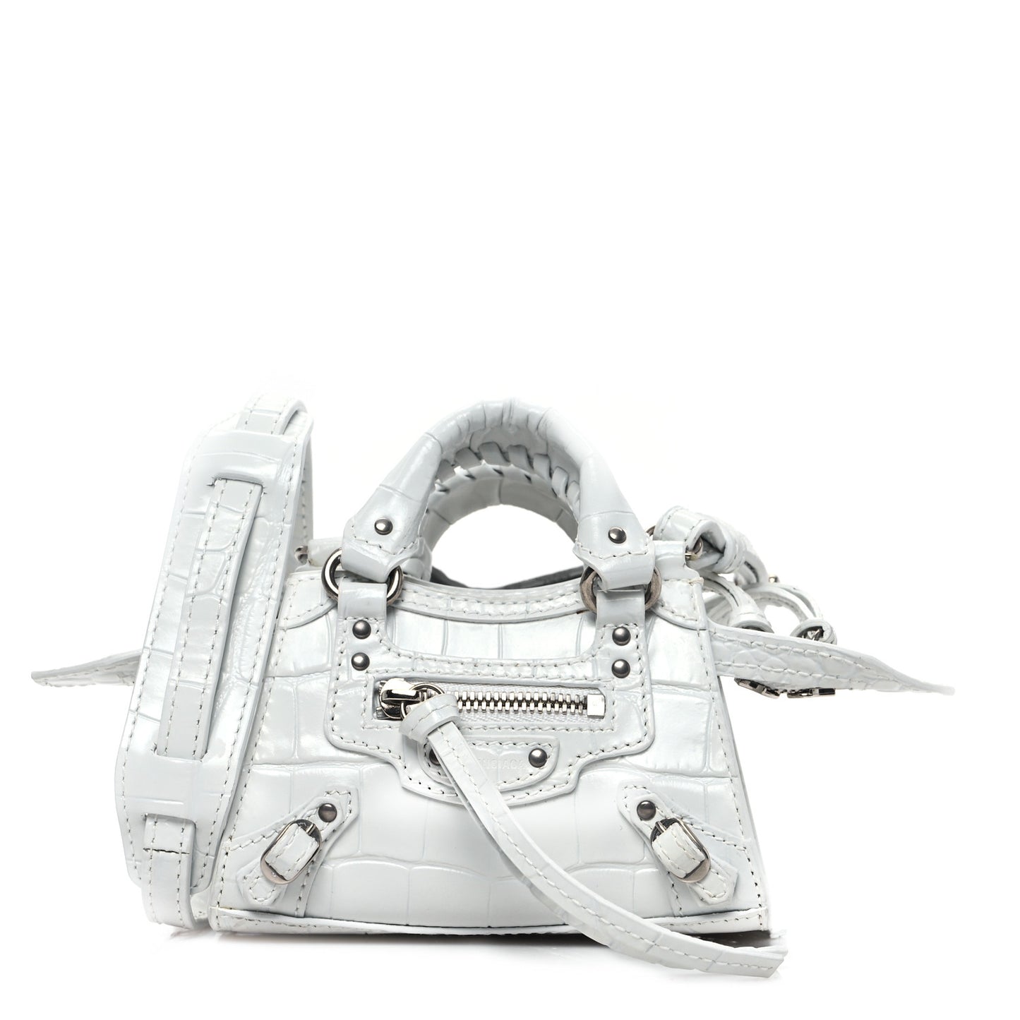 Extra Supple Calfskin Crocodile Embossed Neo Classic Silver Hardware Super Nano City Crossbody White