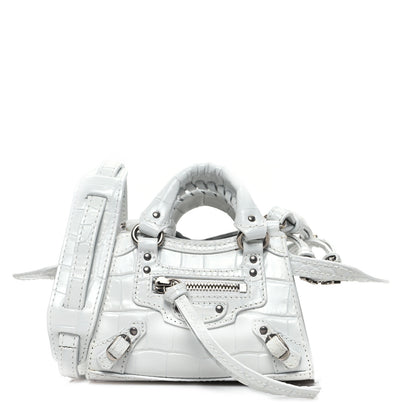 Balenciaga Extra Supple Calfskin Crocodile Embossed Neo Classic Silver Hardware Super Nano City Crossbody White 1 of 14