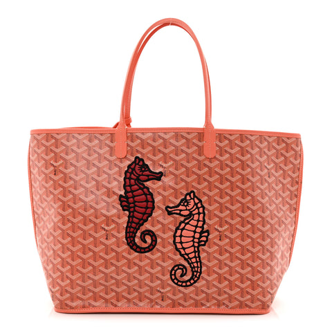 Goyardine Embroidered Seahorse Reversible Anjou PM Coral