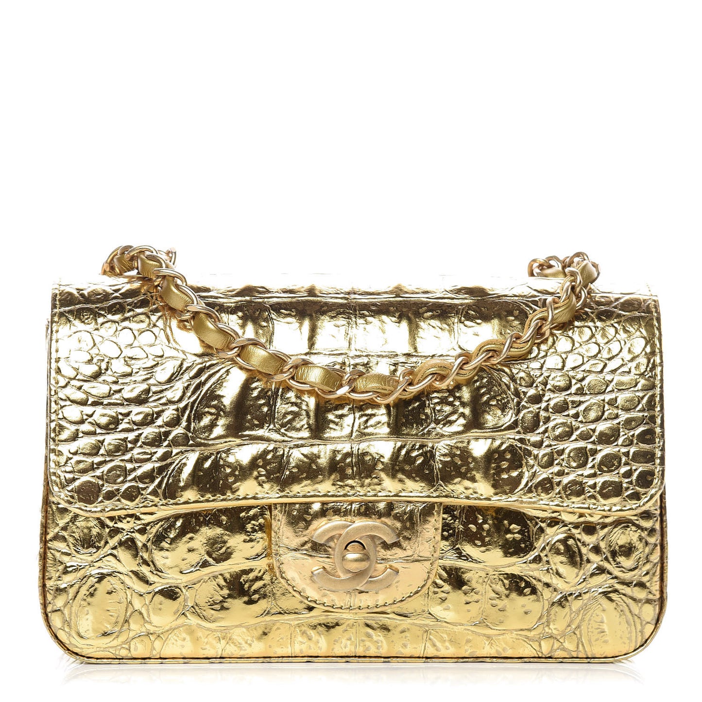 Metallic Calfskin Crocodile Embossed Cocodile Rectangular Mini Flap Gold