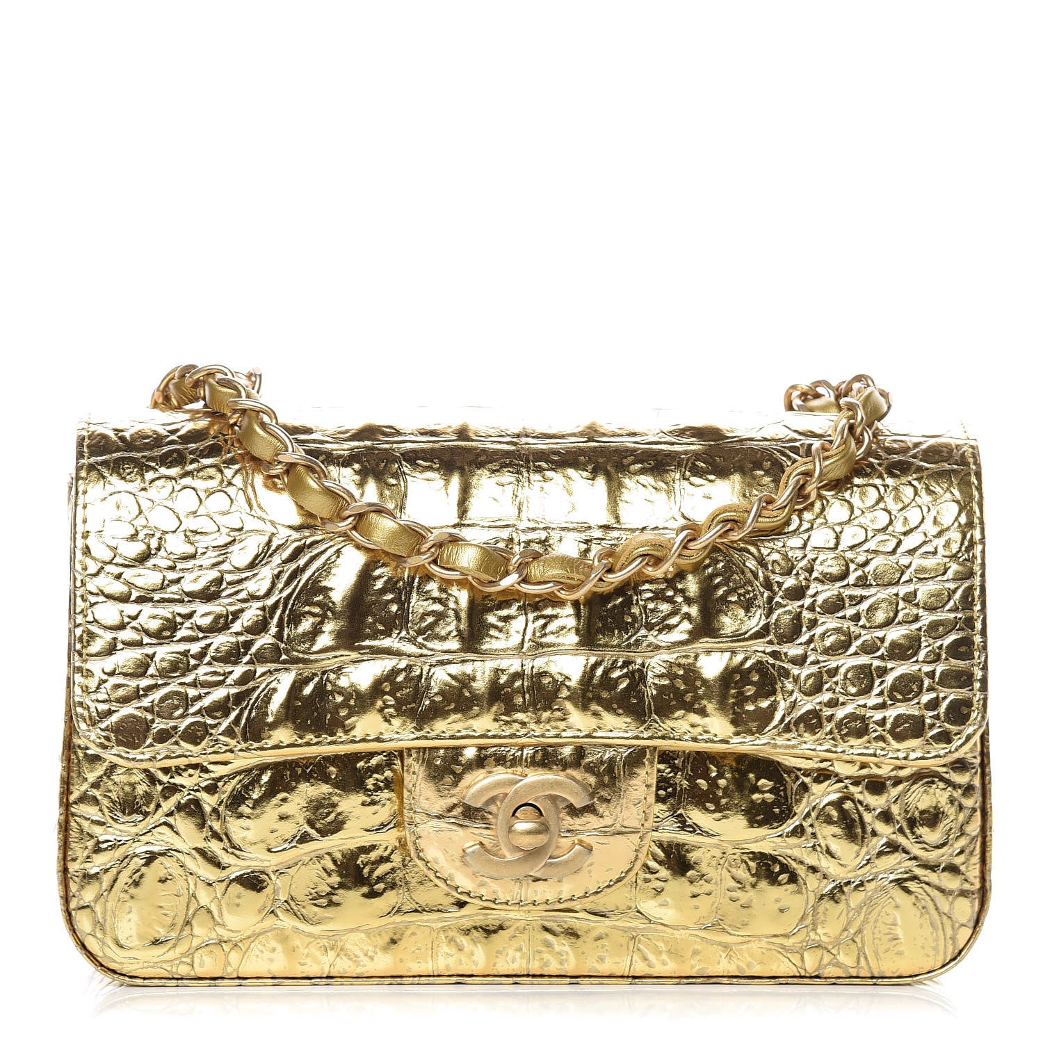 Chanel Metallic Calfskin Crocodile Embossed Cocodile Rectangular Mini Flap Gold 1 of 10