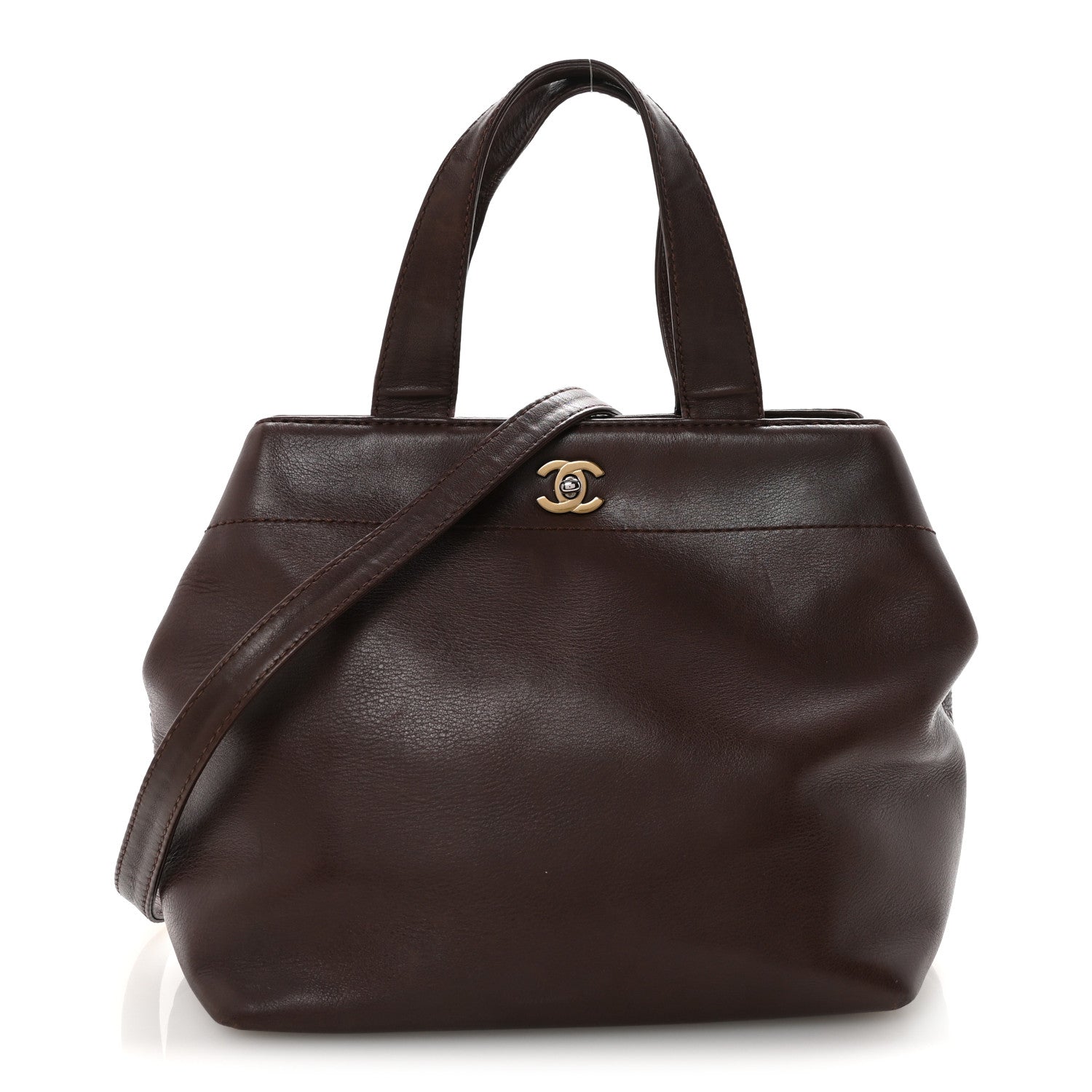 Chanel Calfskin Turnlock Shopper Tote Brown 1 of 11