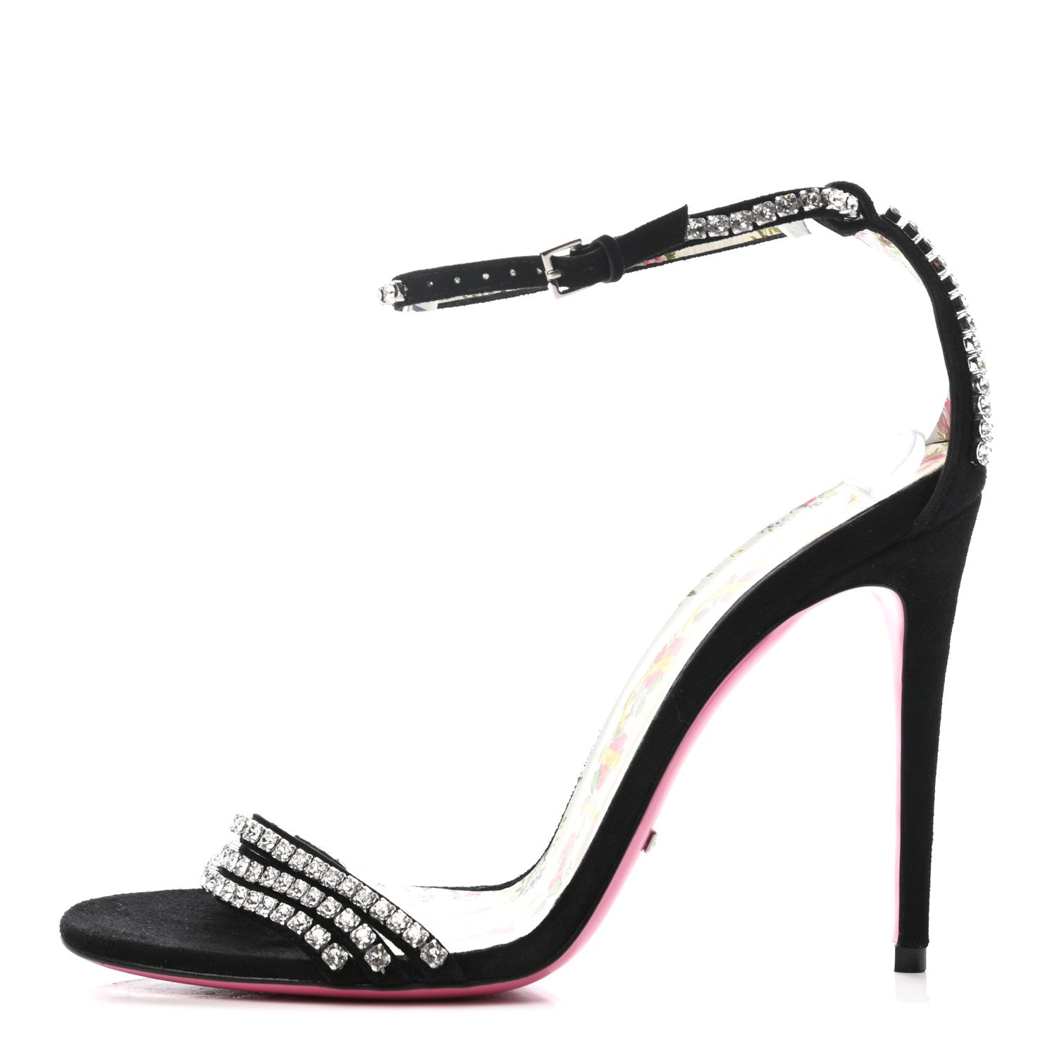 Gucci Kid Scamosciato Crystal Ankle Strap High Heel Sandals 38.5 Black 1 of 7