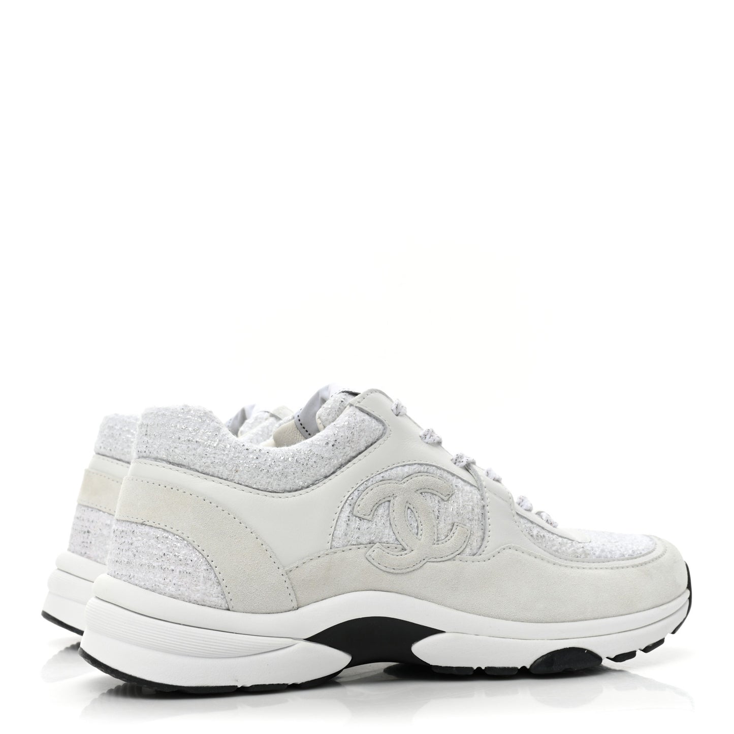 Painted Iridescent Cotton Tweed Suede Calfskin Womens CC Sneakers 39.5 White Silver Multicolor