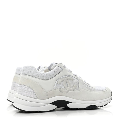 Chanel Painted Iridescent Cotton Tweed Suede Calfskin Womens CC Sneakers 39.5 White Silver Multicolor 4 of 8