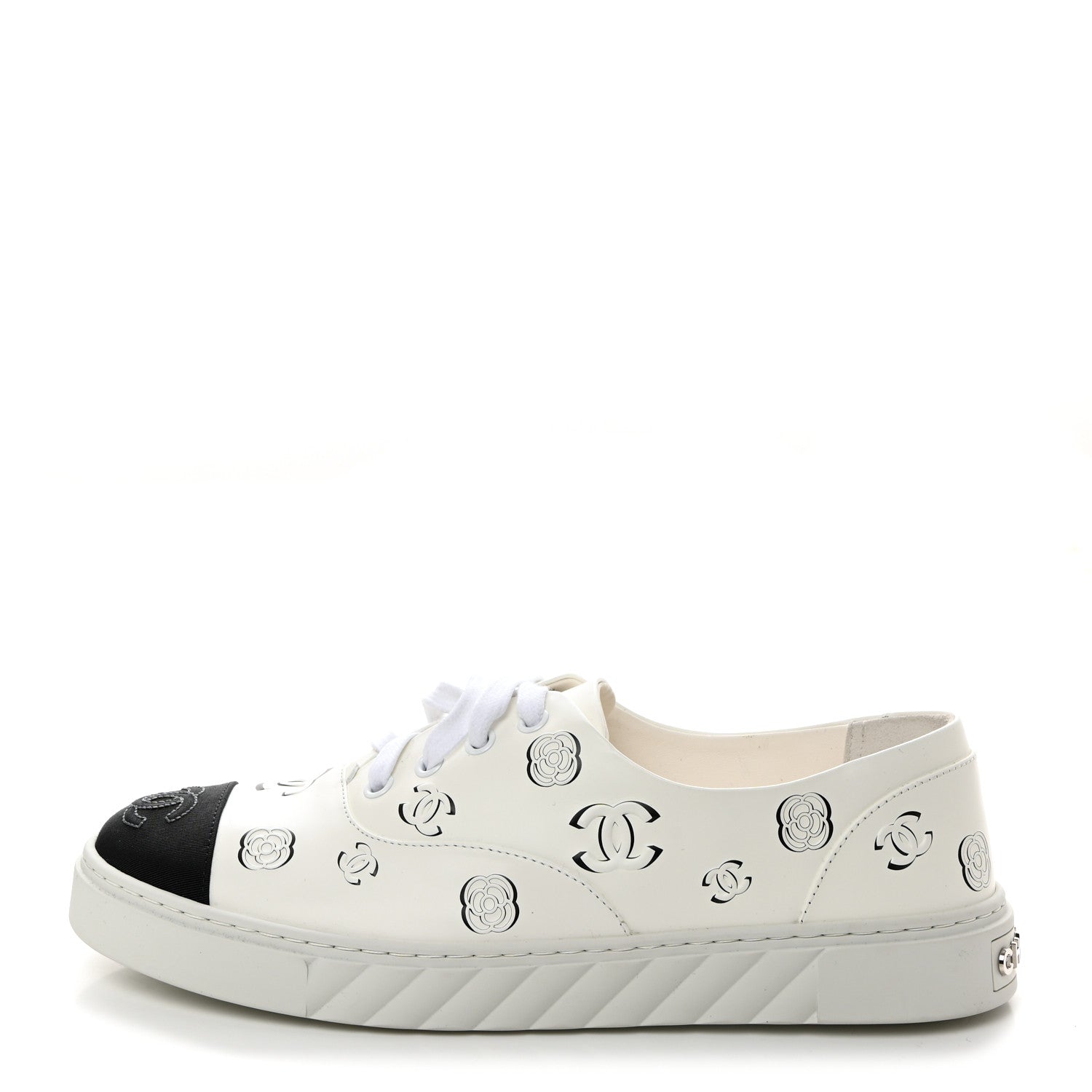 Chanel Printed Calfskin Grosgrain CC Sneakers 39 White Black 1 of 9