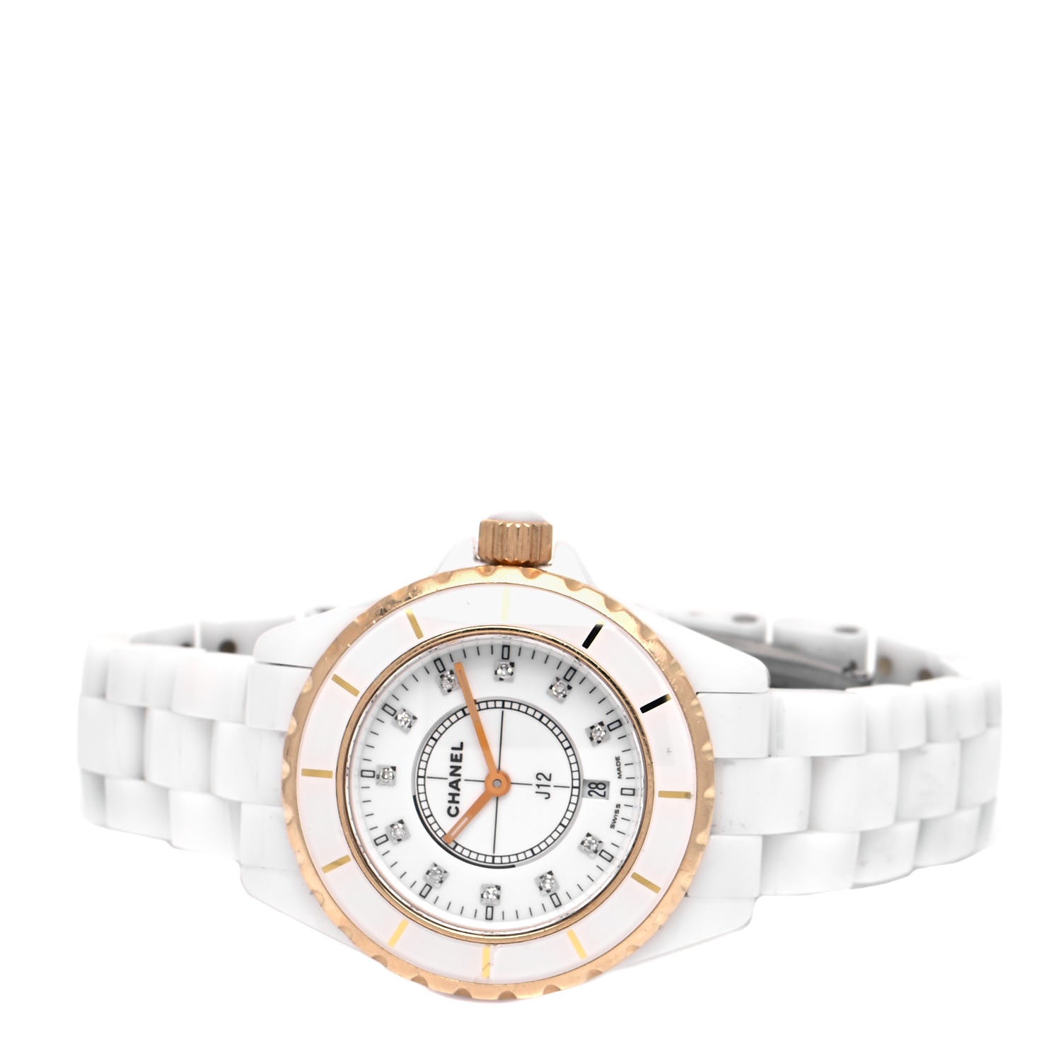 Chanel Stainless Steel 18K Beige Gold Ceramic Diamond 33mm J12 Quartz Watch White 2 of 4