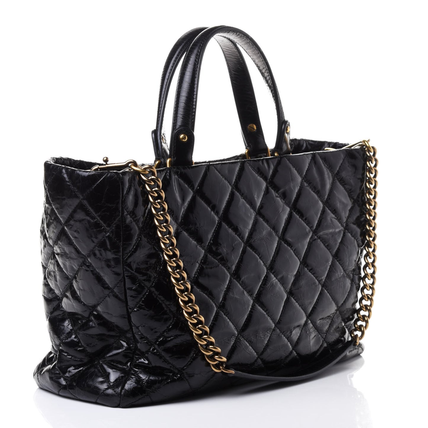 Glazed Calfskin Quilted Mademoiselle Tote Black