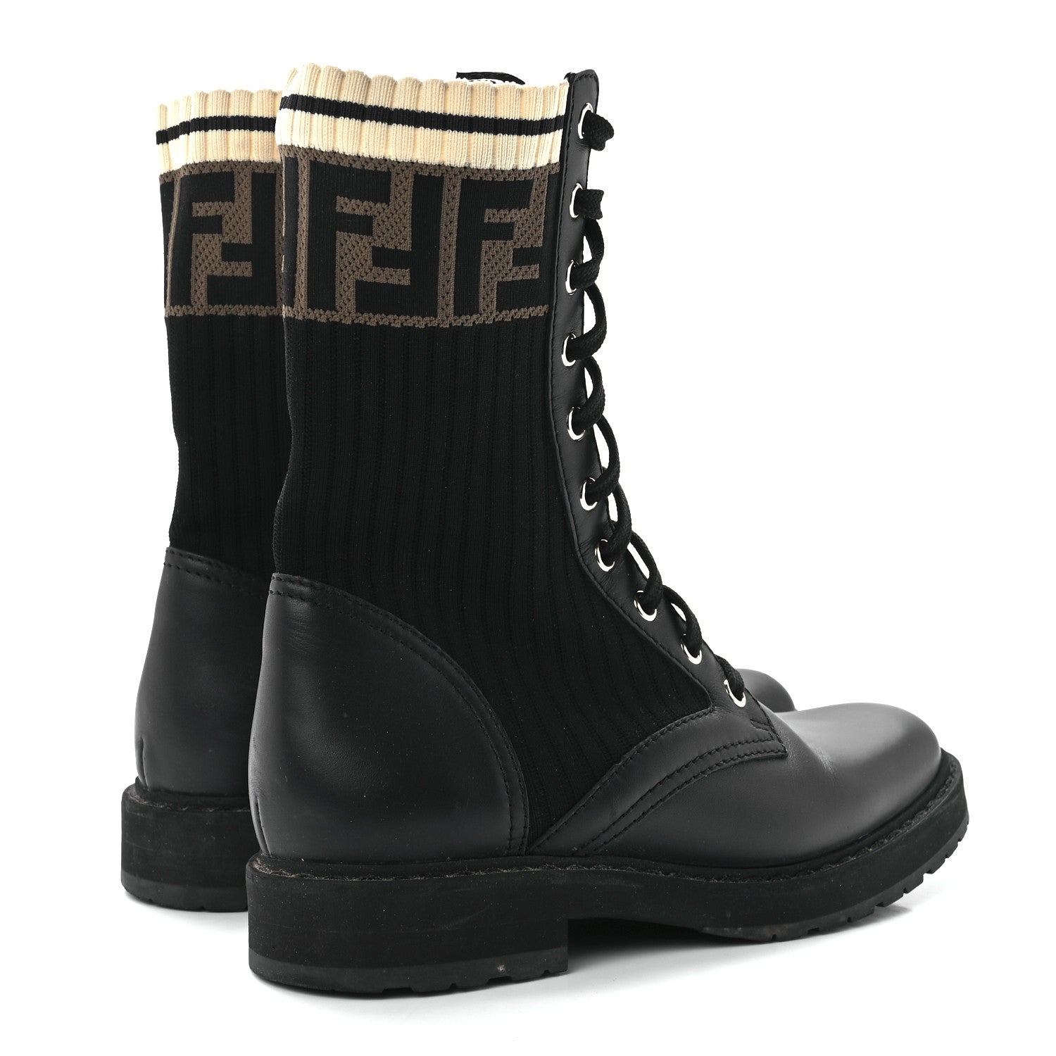 Fendi Calfskin Stretch Fabric Rockoko Biker Boots 36 Tobacco Black Marino 4 of 8