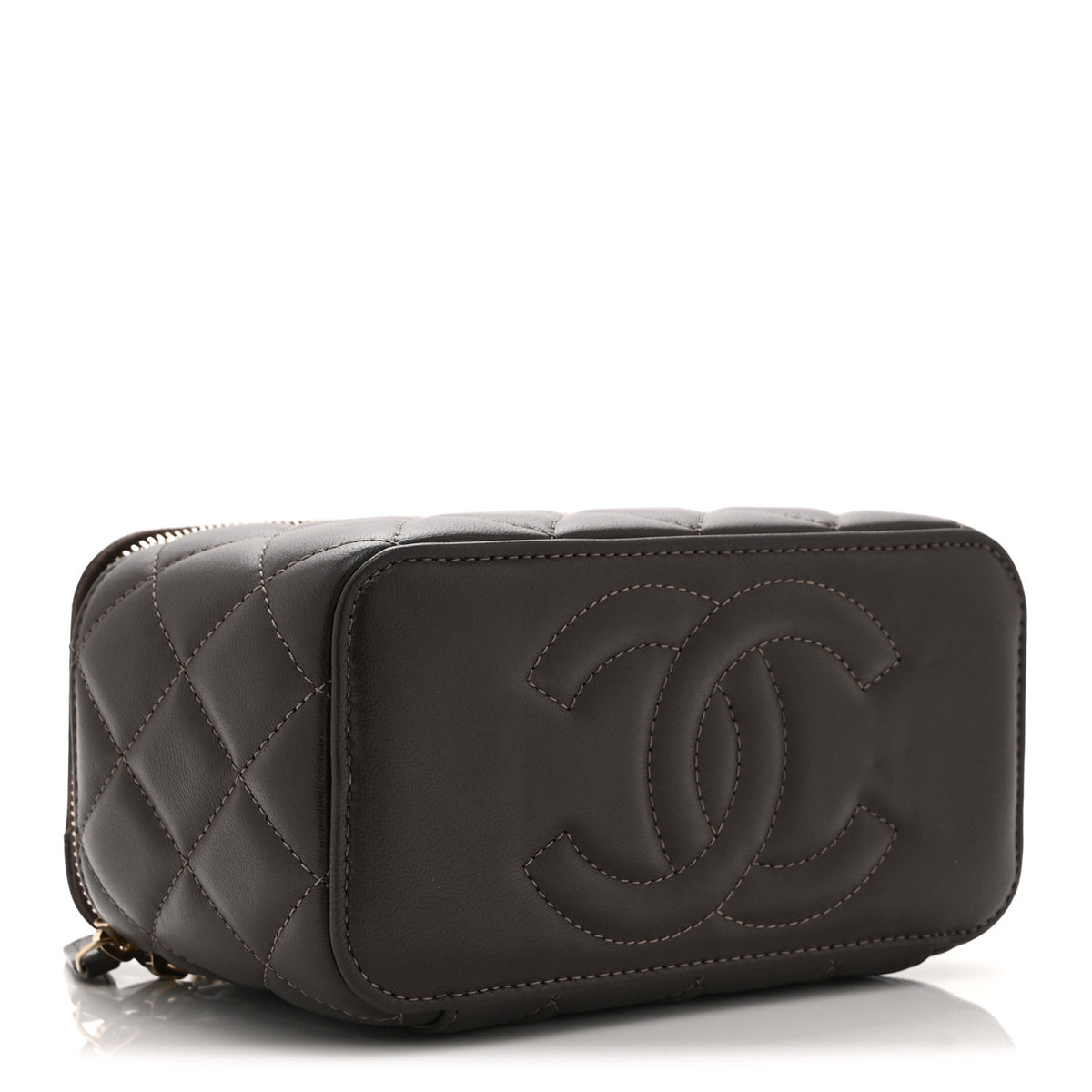 Lambskin Quilted Small Top Handle Vanity Case With Chain Dark Brown