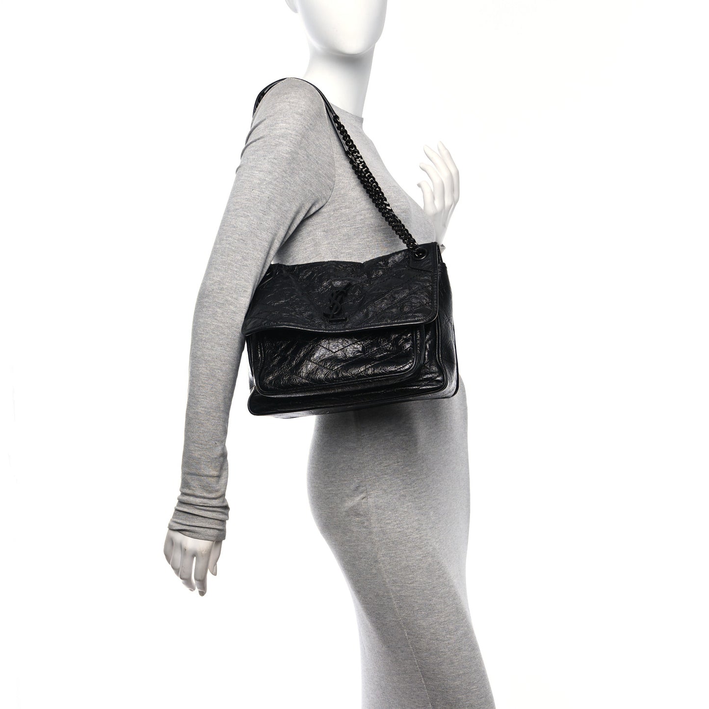 Crinkled Calfskin Matelasse Monogram Medium Niki Chain Satchel Black