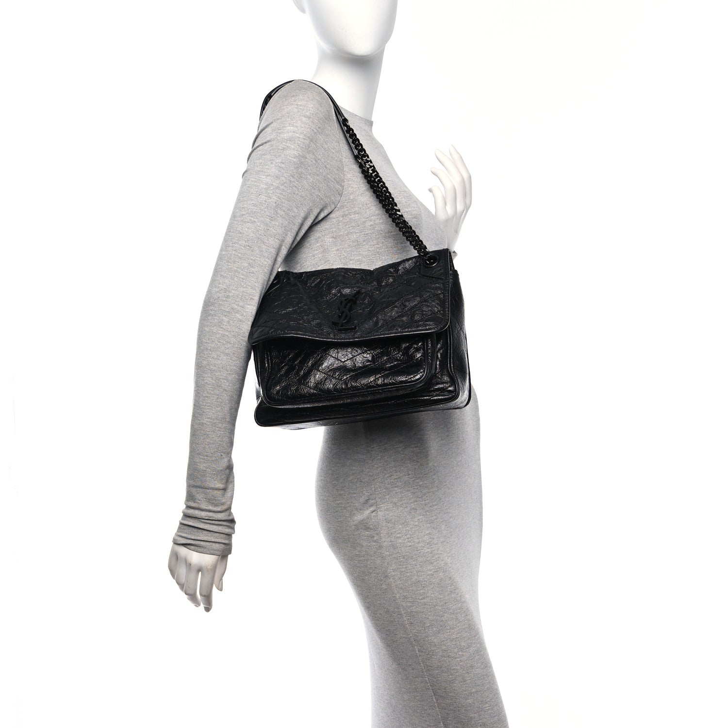 Saint Laurent Crinkled Calfskin Matelasse Monogram Medium Niki Chain Satchel Black 2 of 10