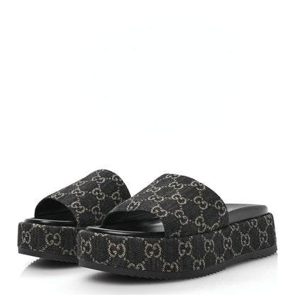 Gucci Jacquard Black Denim GG Monogram Angelina Platform 55mm Slide Sandals 40 Black Ivory 3 of 9