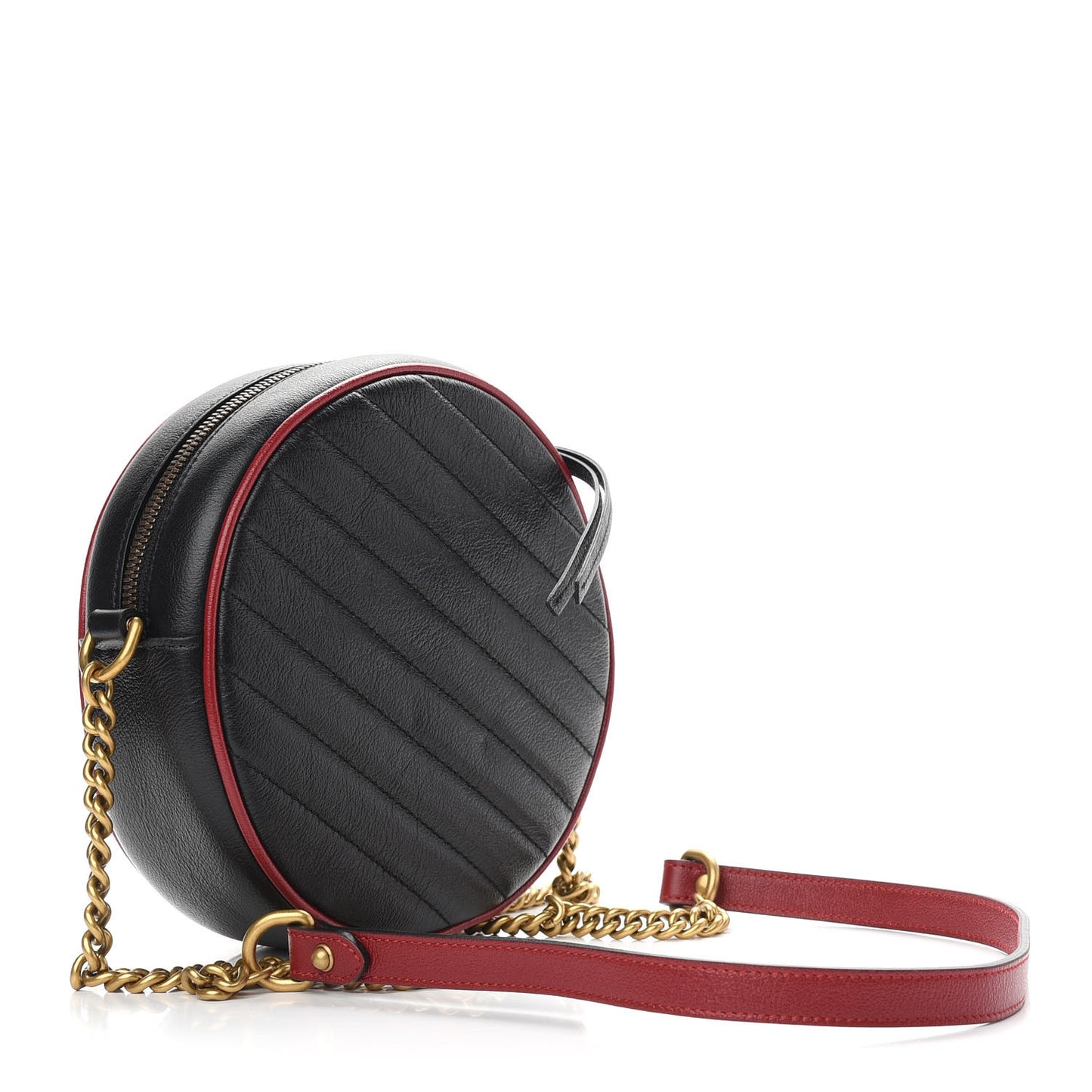 Vintage Effect Calfskin Matelasse Diagonal Mini Torchon GG Marmont Round Shoulder Bag Black Romantic Cherry