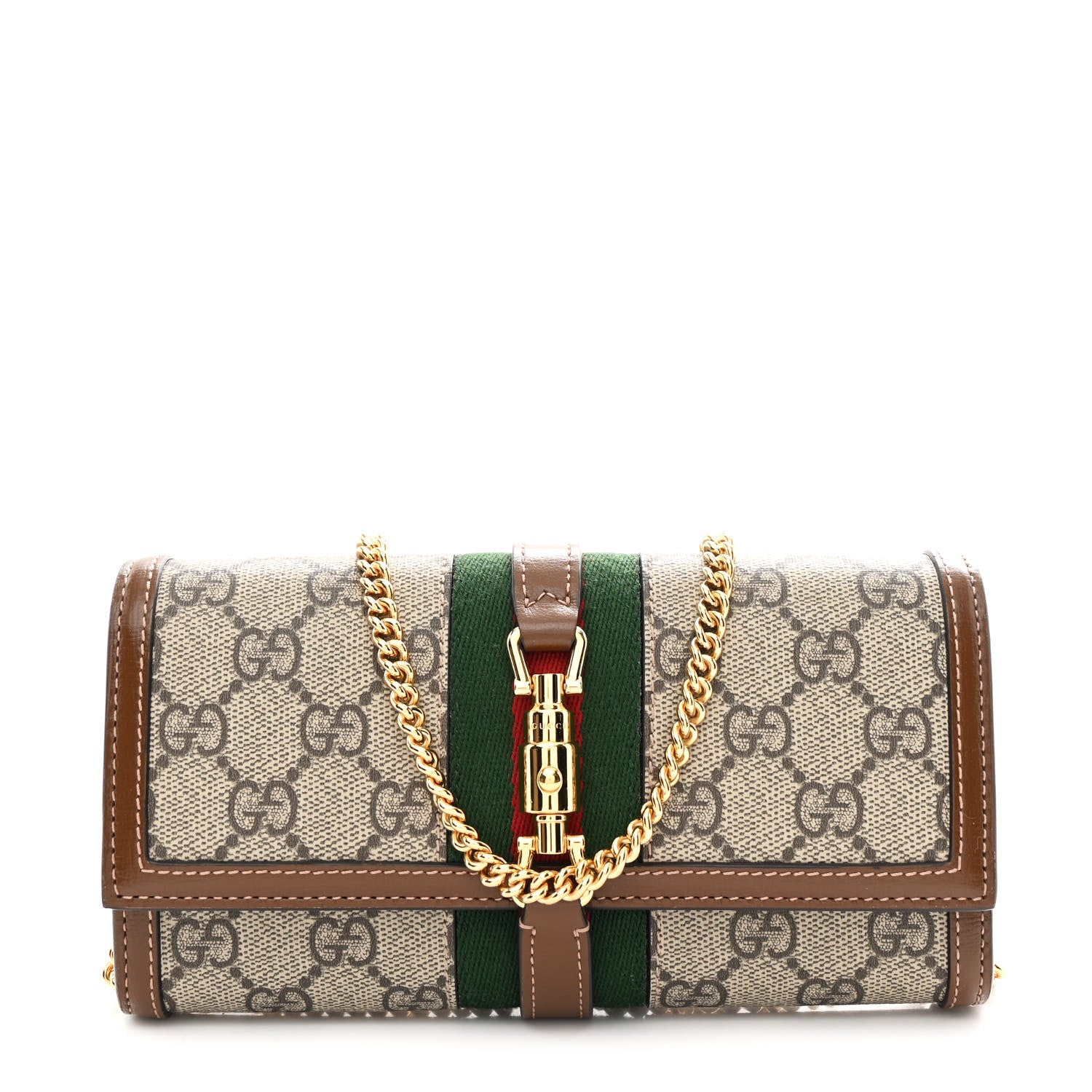 Gucci GG Supreme Monogram Azalea Calfskin Web Jackie 1961 Chain Wallet Beige Ebony Brown Sugar 1 of 11