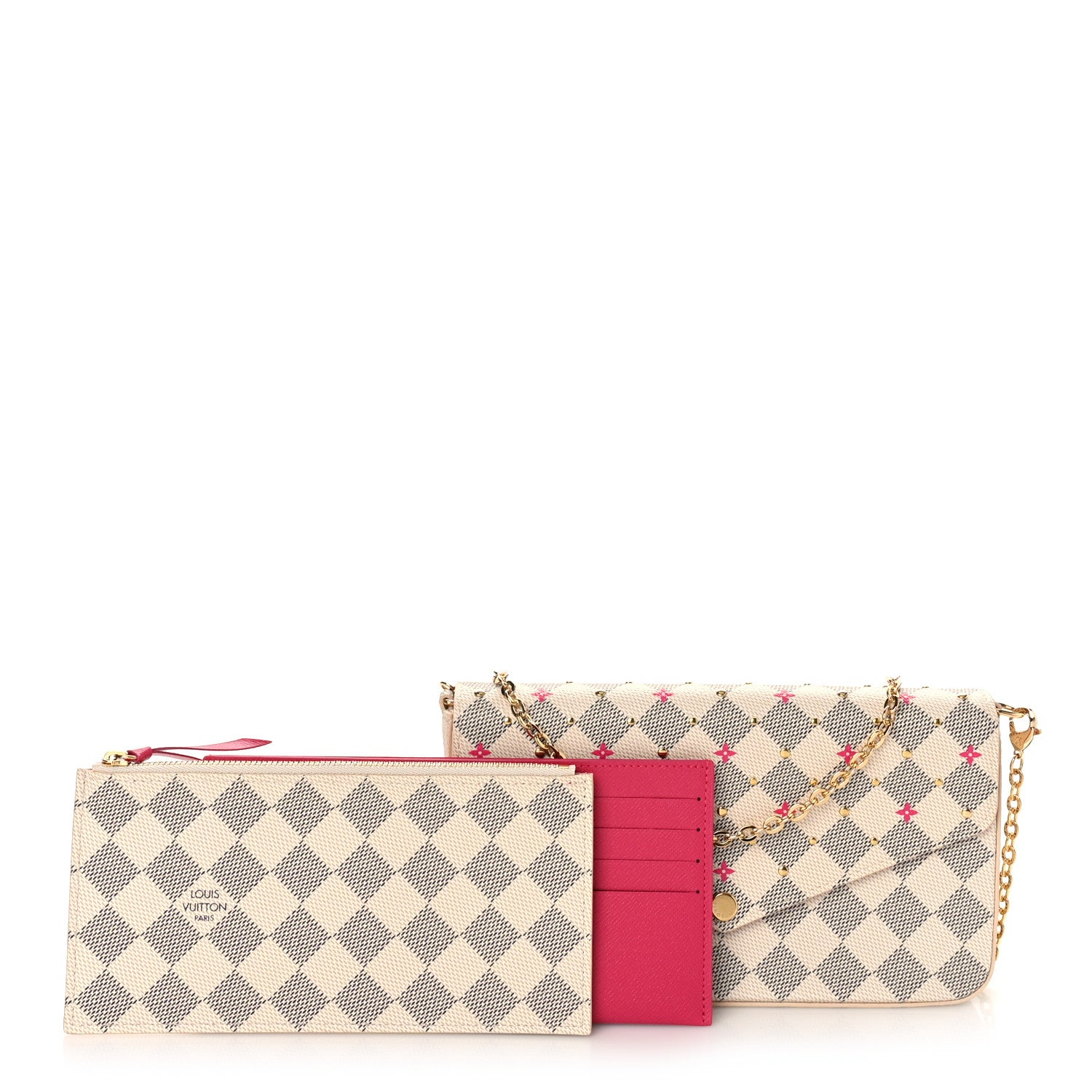 Louis Vuitton Damier Azur Studded Pochette Felicie Chain Wallet Fuchsia 1 of 9