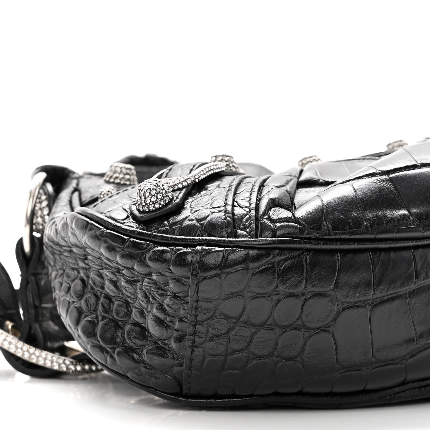 Extra Supple Calfskin Crystal Crocodile Embossed Le Cagole Shoulder Bag XS Black